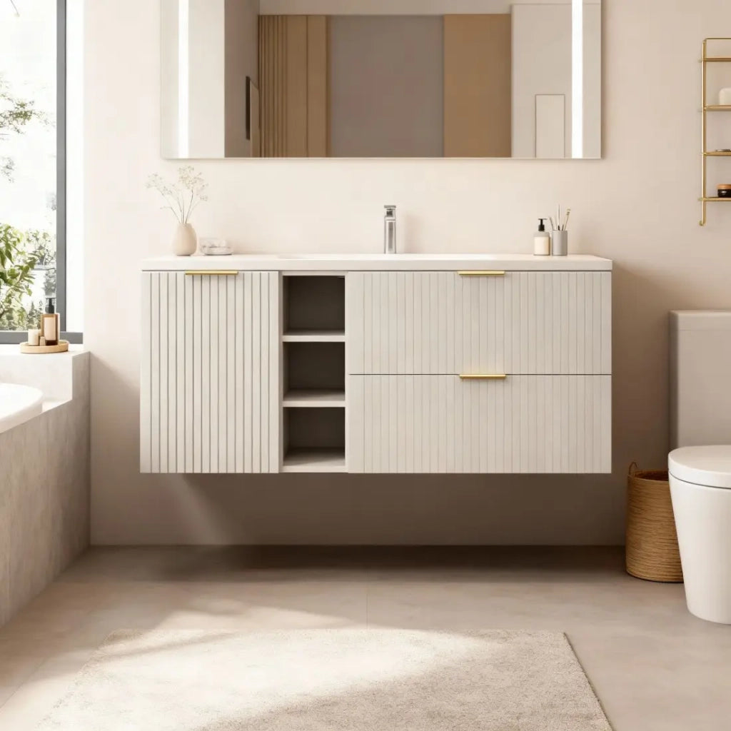 Set da bagno NOXERA 140 cm – Marrone Congo – piano per lavabo + 4 cassetti + 2 nicchie