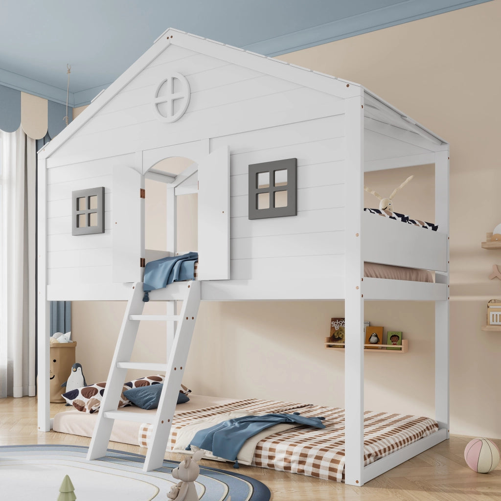 LETTO A SOPPALCO con scala 90x200 cm legno massello e MDF bianco e grigio