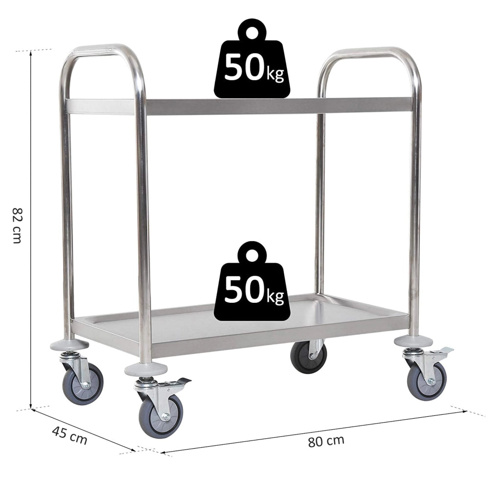Carrello Cucina 2 Ripiani con Ruote ¨C Xylo ¨C Acciaio Inox 80x45x82cm Argento