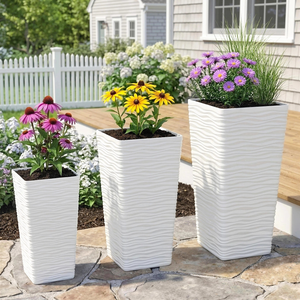 Vasi da Giardino Impilabili con Motivo Ondulato ¨C Zephmum ¨C Plastica Bianco 42/55/65 cm