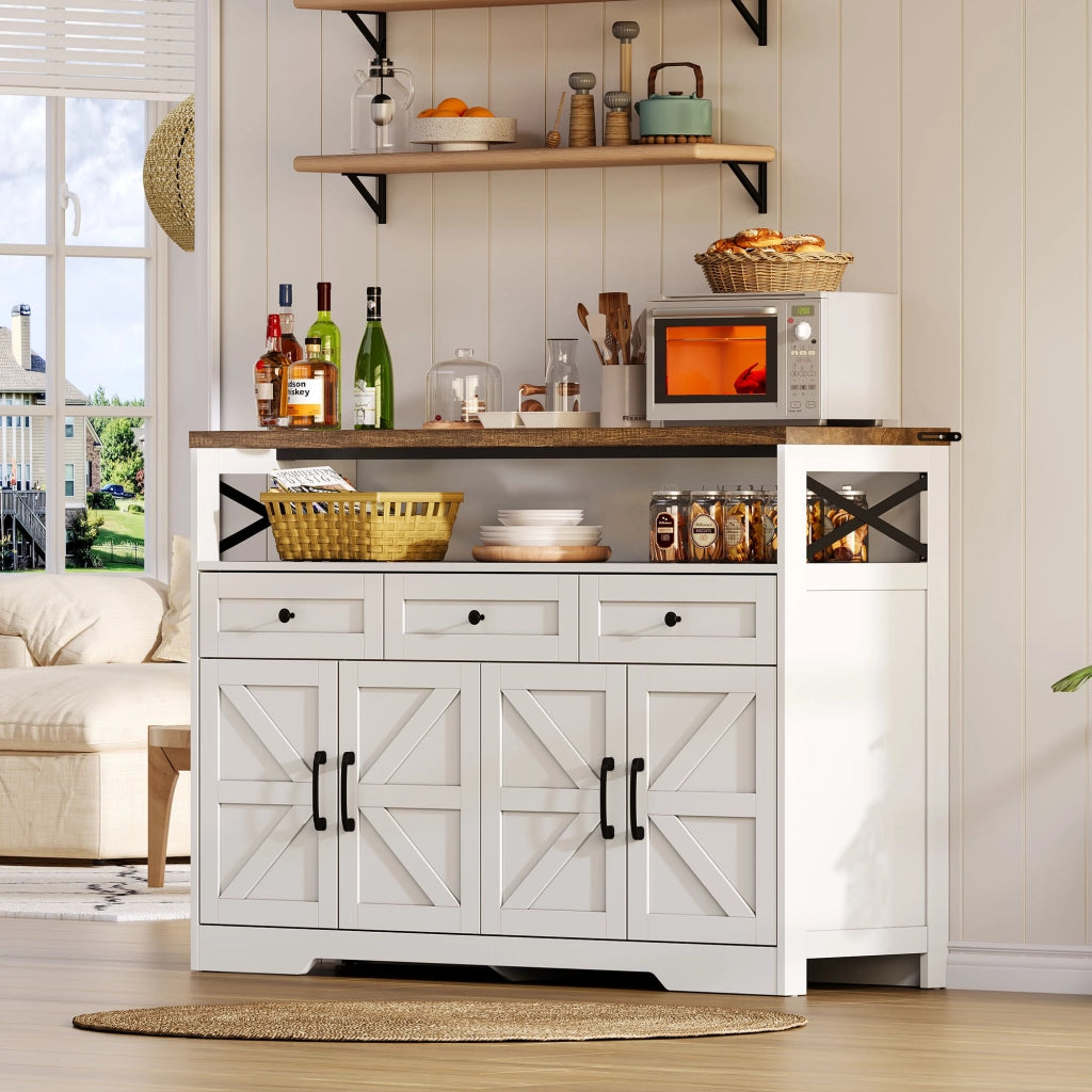 Buffet Anrichte 140 cm con 3 cassetti, 2 armadi e vani aperti, design rustico moderno in MDF, bianco e marrone