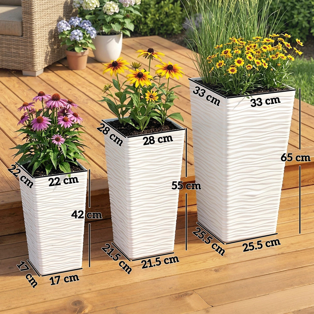 Vasi da Giardino Impilabili con Motivo Ondulato ¨C Zephmum ¨C Plastica Bianco 42/55/65 cm