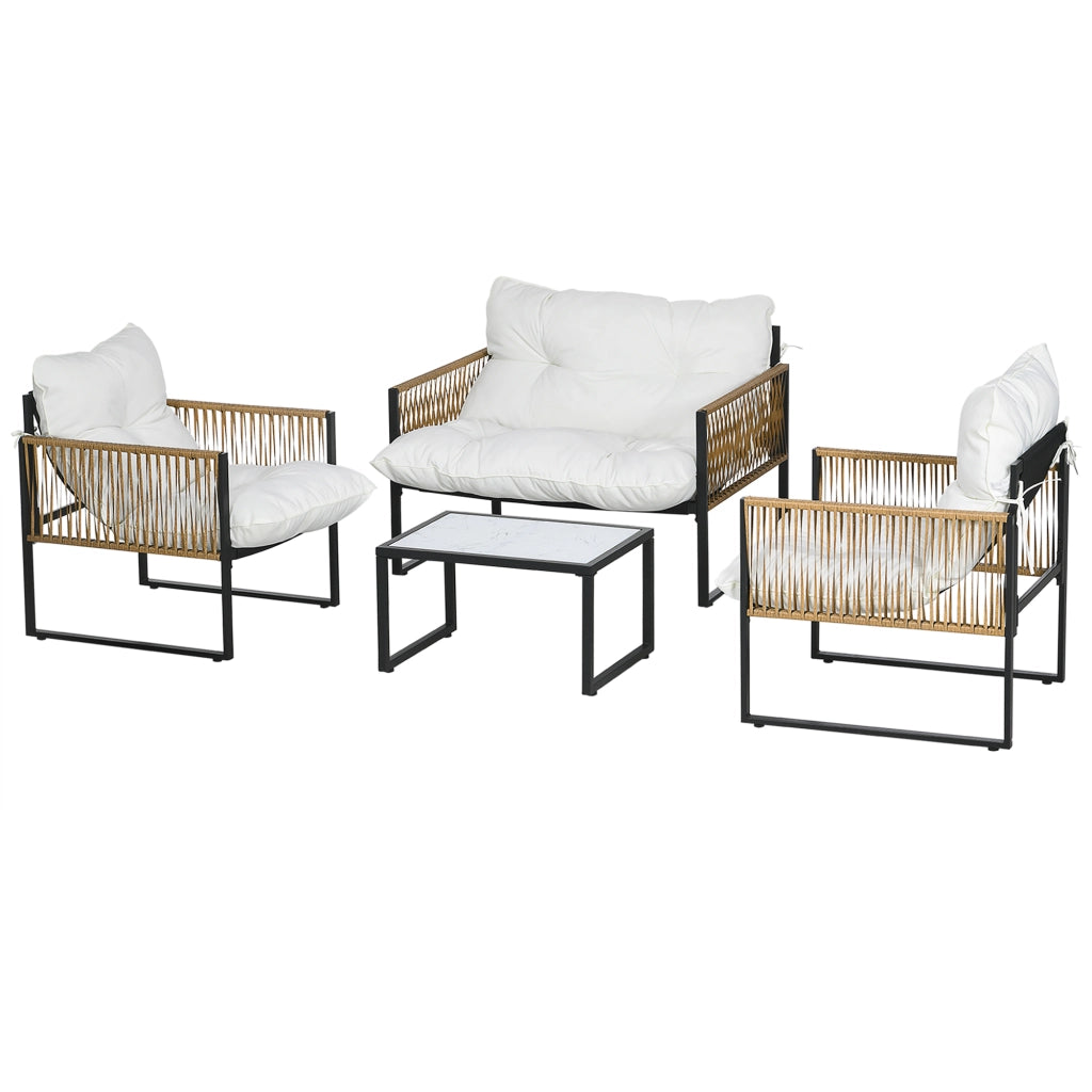 Set Giardino Esterno con 2 Poltrone, Divano 2 Posti, Tavolino e Cuscini ¨C Minimal ¨C Polyrattan, Crema