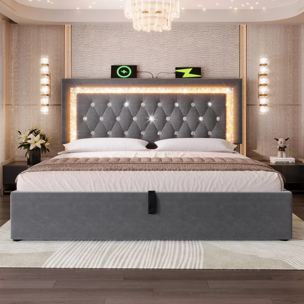 LETTO Contenitore 140x200 cm in Velluto Grigio con LED e USB Type-C