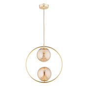 Lampada a sospensione glamour ottone, 2 sfere ambra 2xE14