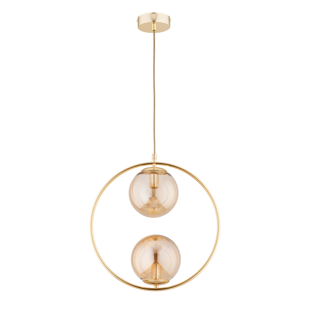 Lampada a sospensione glamour ottone, 2 sfere ambra 2xE14