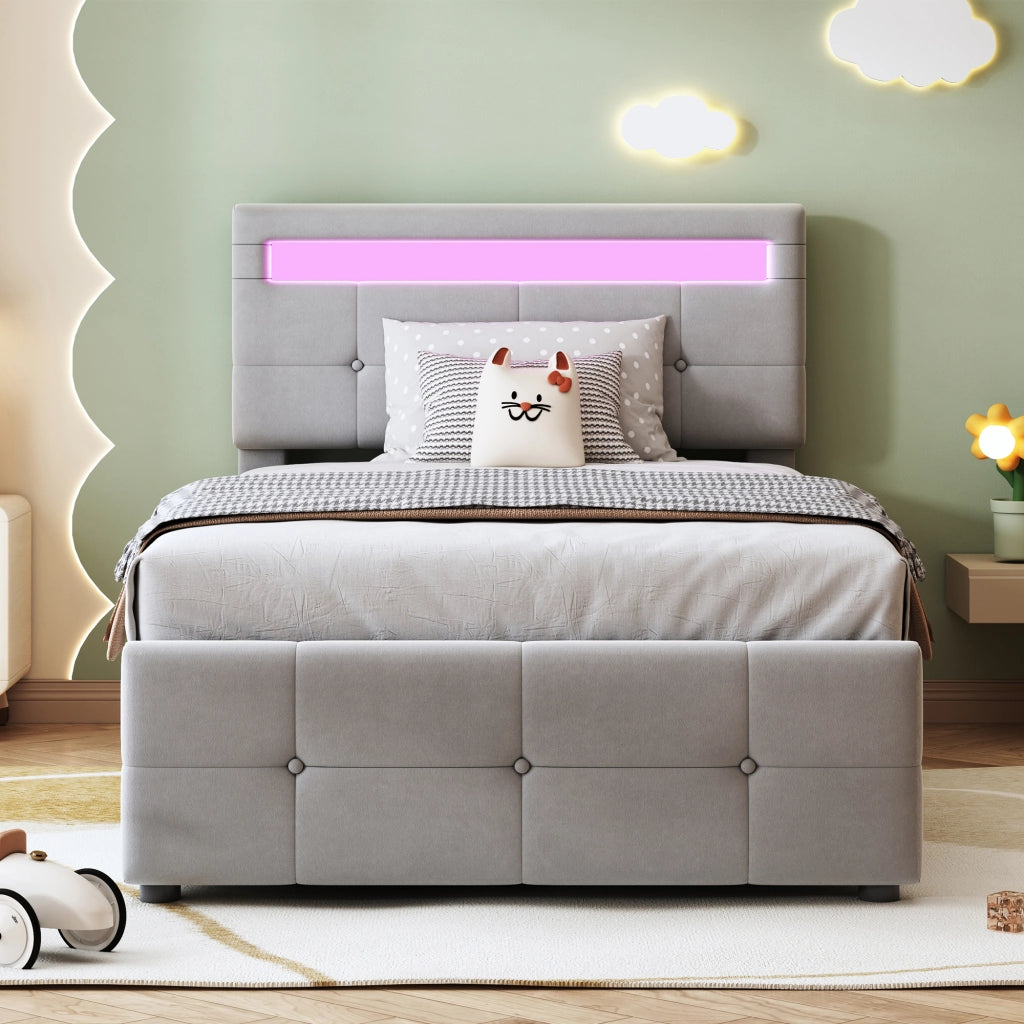 LETTO per bambini 90x200 cm con LED, contenitore, velluto grigio