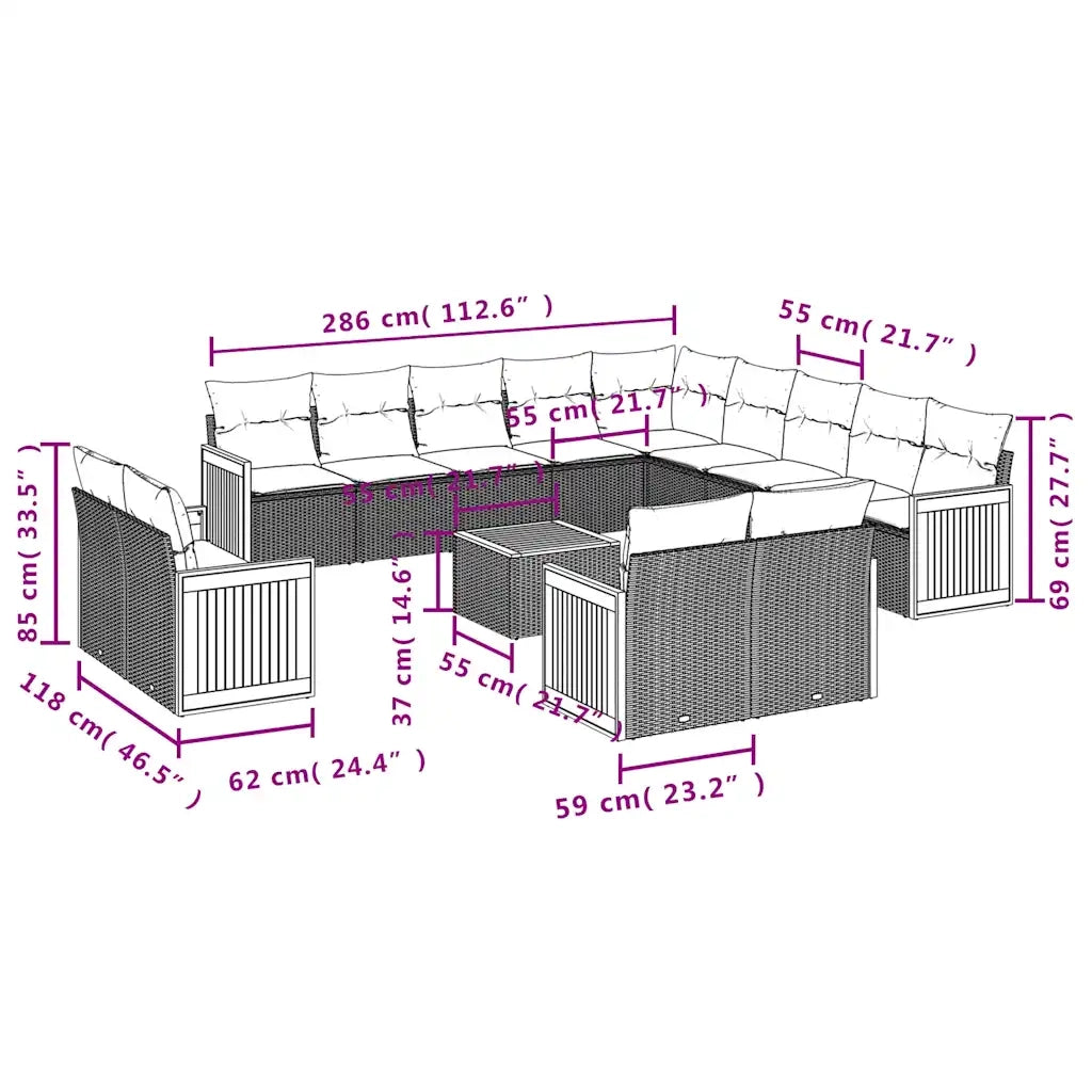 Set Divani da Giardino 14 pz con Cuscini Grigio in Polyrattan 3228217