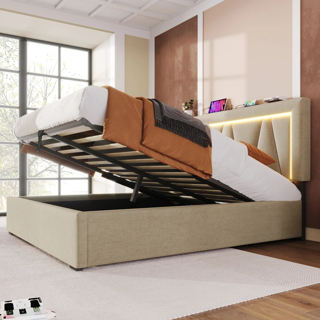 LETTO Contenitore 160x200 cm in lino beige con LED e USB Type C