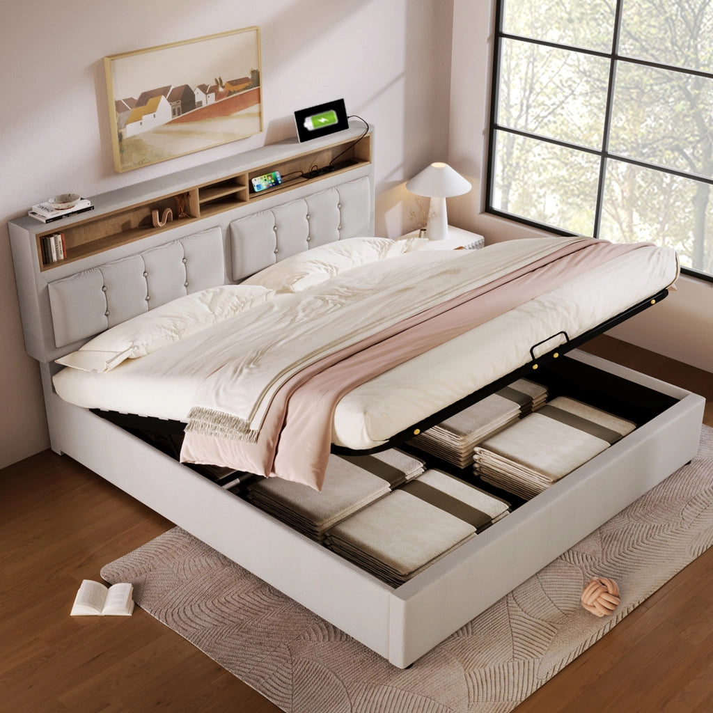 LETTO imbottito contenitore 160x200 cm in lino beige con USB e presa