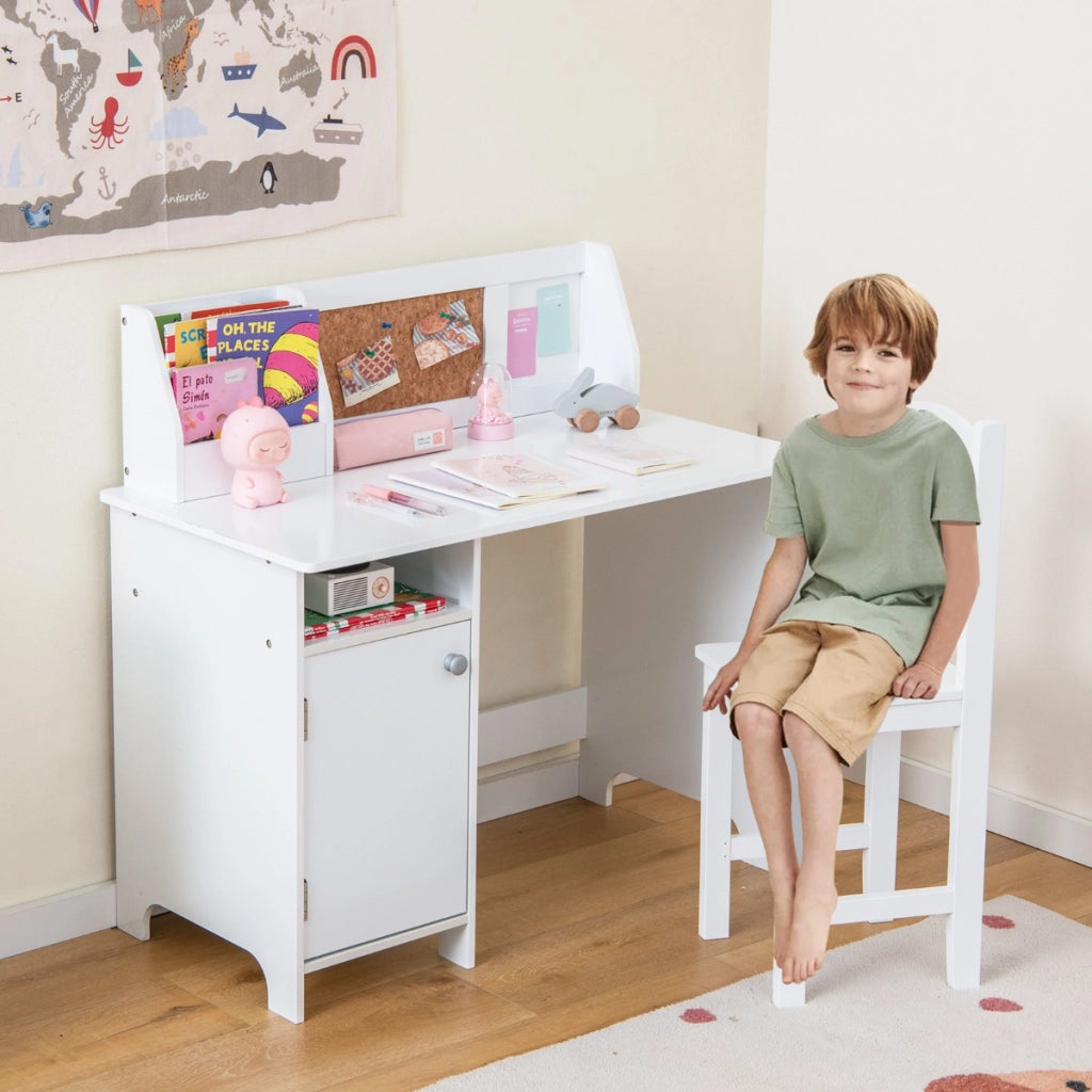 Set di scrivania e sedia per bambini in legno con scaffale armadietto bacheca, Postazione di scrittura Bianco