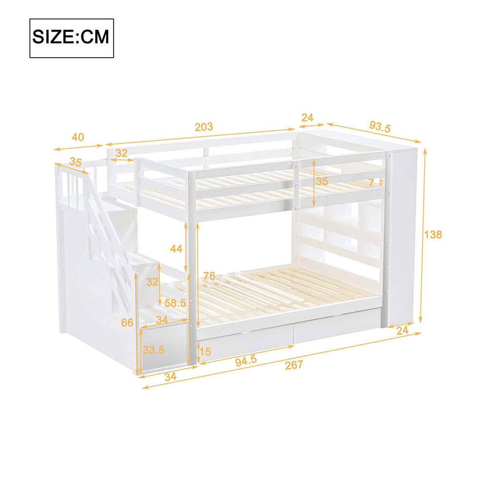Letto a castello 90x200 cm - Xylo - Bianco con scala di sicurezza e cassetti