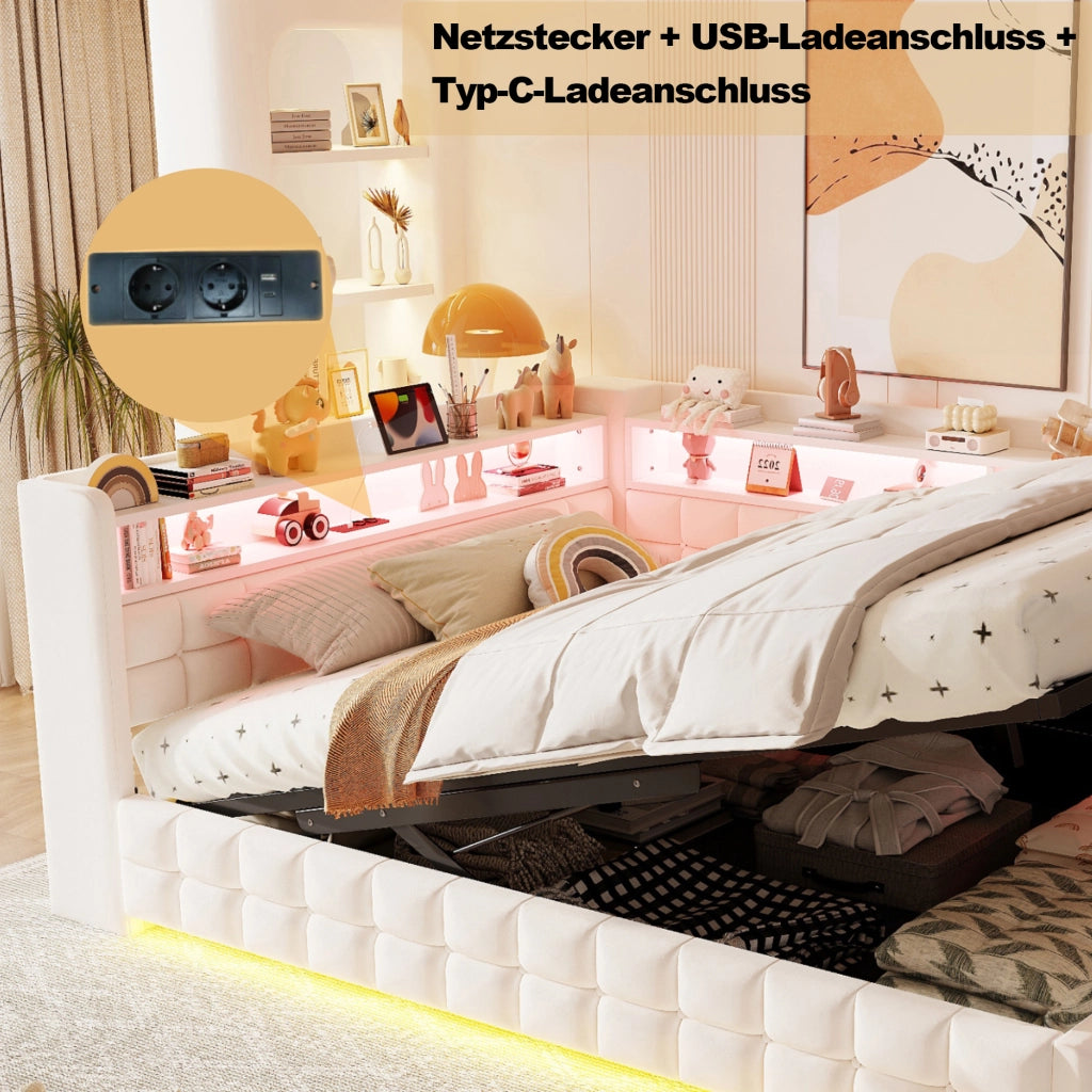 LETTO imbottito 140x200 cm Beige con contenitore idraulico, LED e prese USB-C