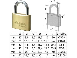 LUCCHETTO LOGO OTTONE ARCO NORMALE 21010- - mm.50 KA (art.21010500KA) - 6 pezzi CISA