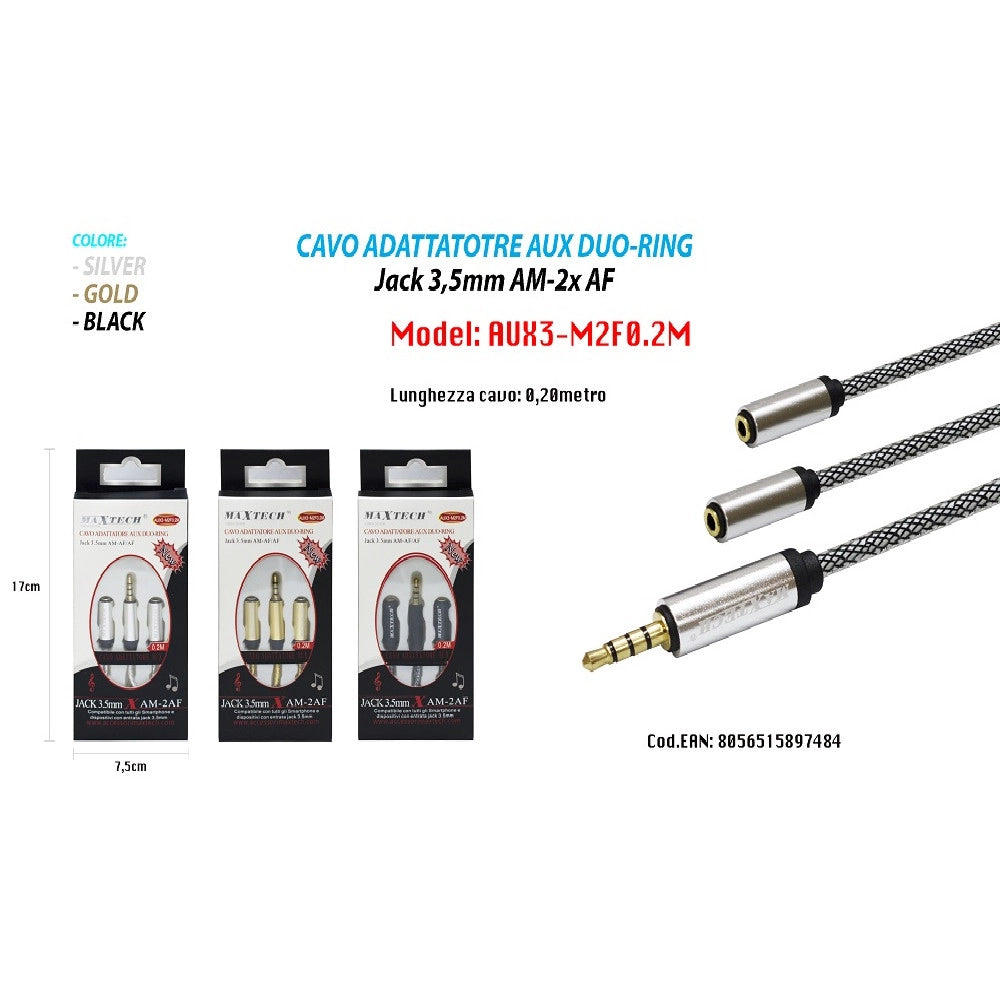 Trade Shop - Cavi Audio Aux Jack 3,5mm Per Smartphone Splitter Adattatore Maxtech 2m Aux3-m2f0.2m -