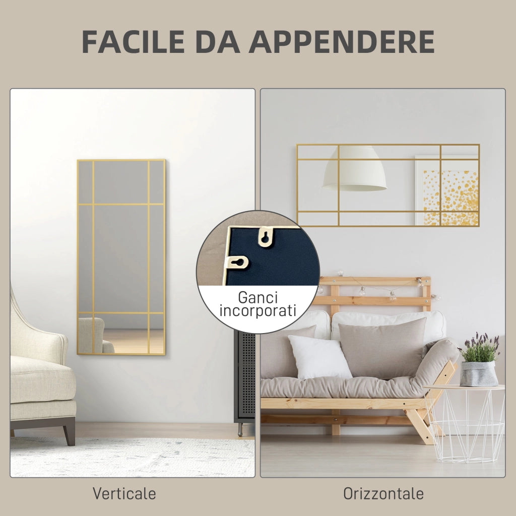 Specchio da Parete Stile Finestra con Montaggio Verticale e Orizzontale, 110x50cm, Oro