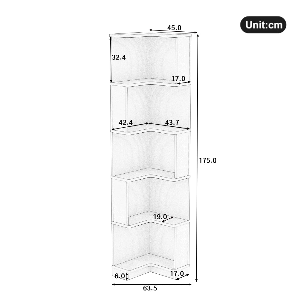 Libreria angolare con LED controllabile via app, 5 ripiani, per studio e ufficio, in MDF, nero, 63,5 × 45 × 175 cm