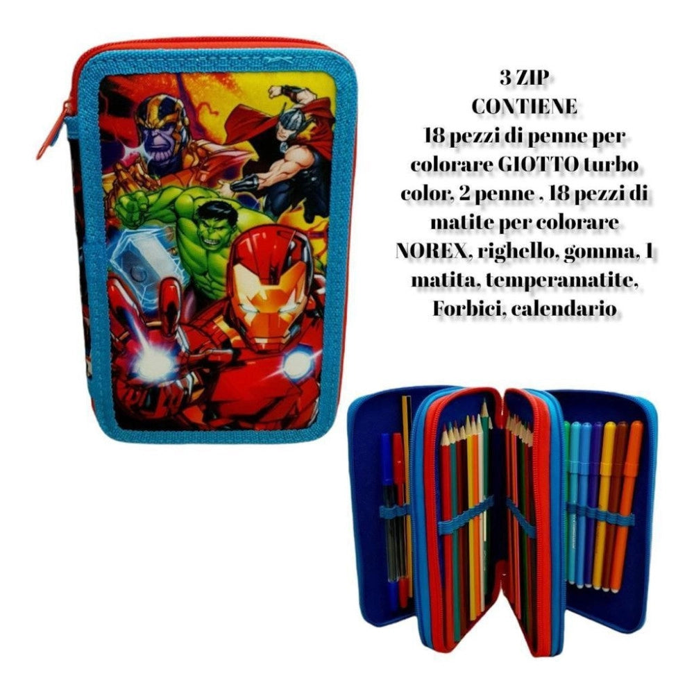 Trade Shop - Astuccio Triplo Avengers Assemble 3 Zip Completo Accessoriato Bambini Scuola -