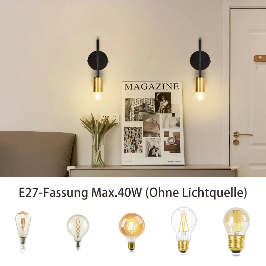 ZMH Applique da parete per interni 2ER nero oro E27 lampada industriale da corridoio retrò per scale
