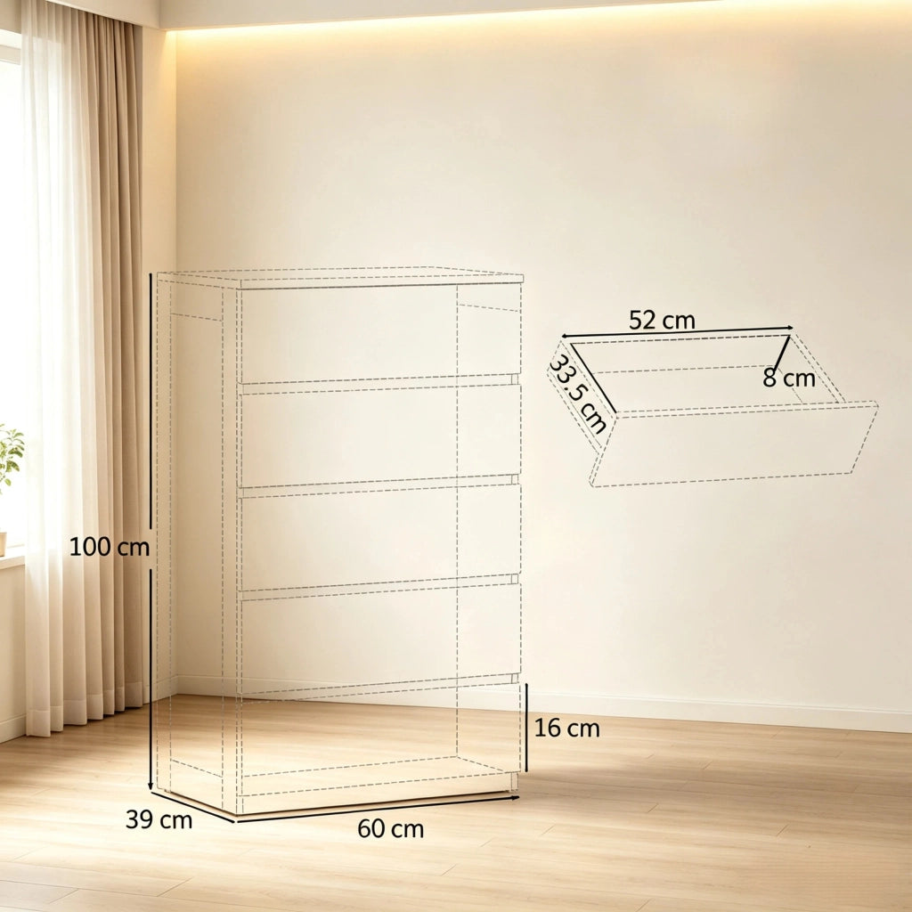 COMMODA 5 cassetti 60x39x100 cm bianca con antiribaltamento