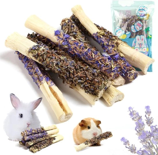 Kauwsticks 8 pezzi - Hooi naturale - Lavanda/Dimenticami non - Cura dei denti - 100% Bambù essiccato - Ideale per conigli/Cavie - Giocattolo per cavi e conigli