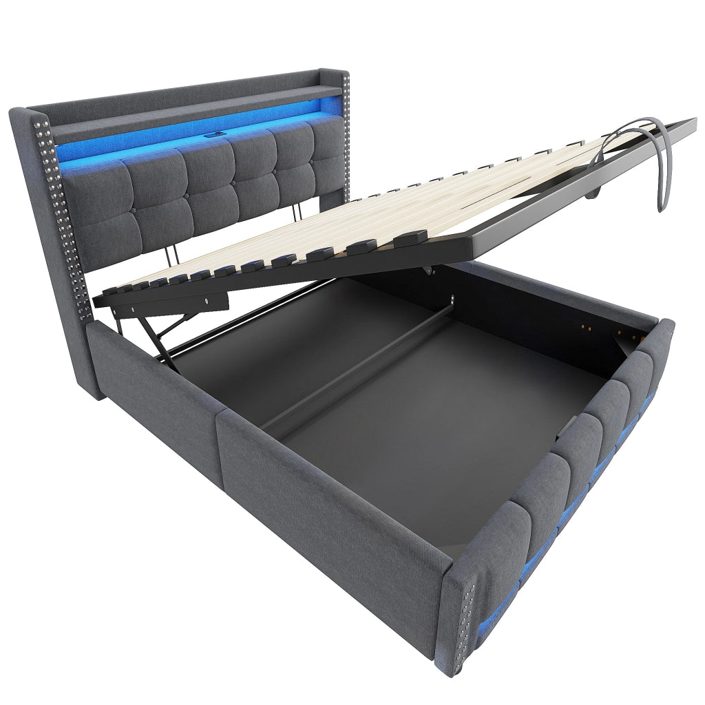 LETTO imbottito 140x200 cm in tessuto grigio con LED, USB e contenitore
