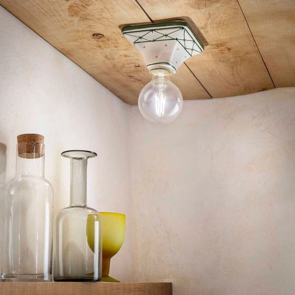 Plafoniera Classica Trieste Bianco Decorato Filo Verde Prato 1 Luce E27