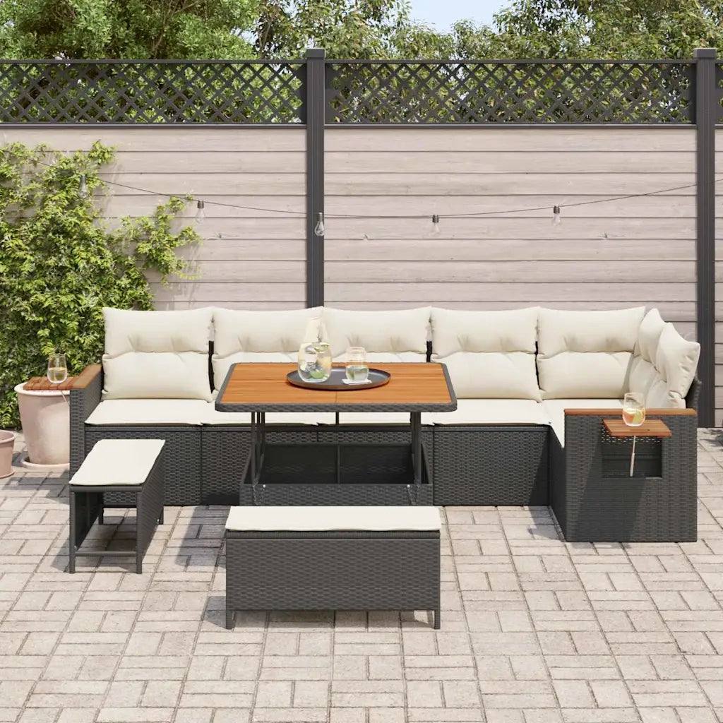 Set Divano da Giardino con cuscino 9 pcs Nero e Crema