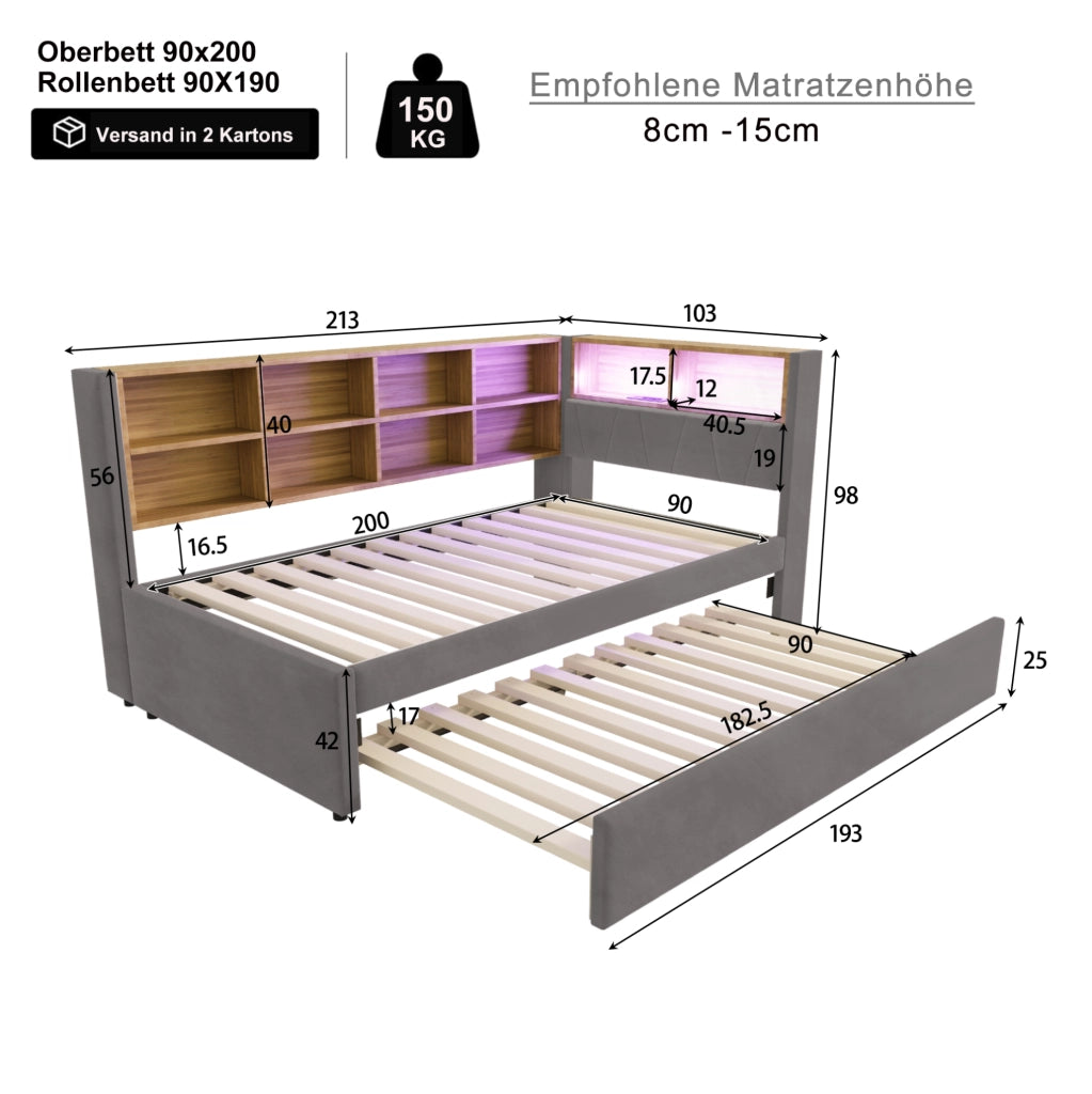 Divano letto multifunzione con letto estraibile, LED e prese integrate