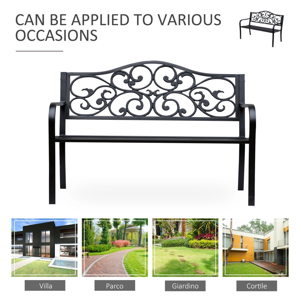 Panchina da Giardino 2 Posti con Schienale Decorato 127x60x89 cm in Ghisa e Metallo Nero