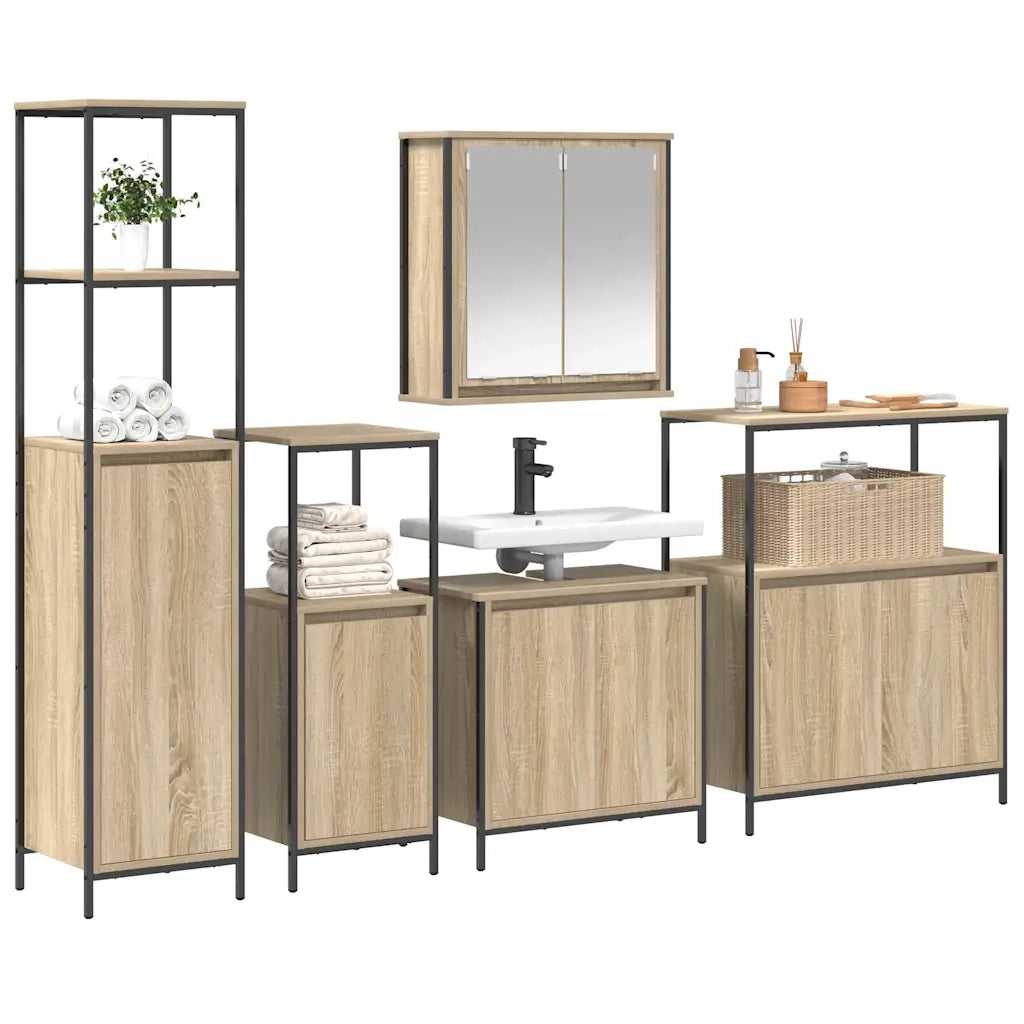Set di mobili per il bagno con porta 5 pcs Rovere Sonoma e Nero 3328385