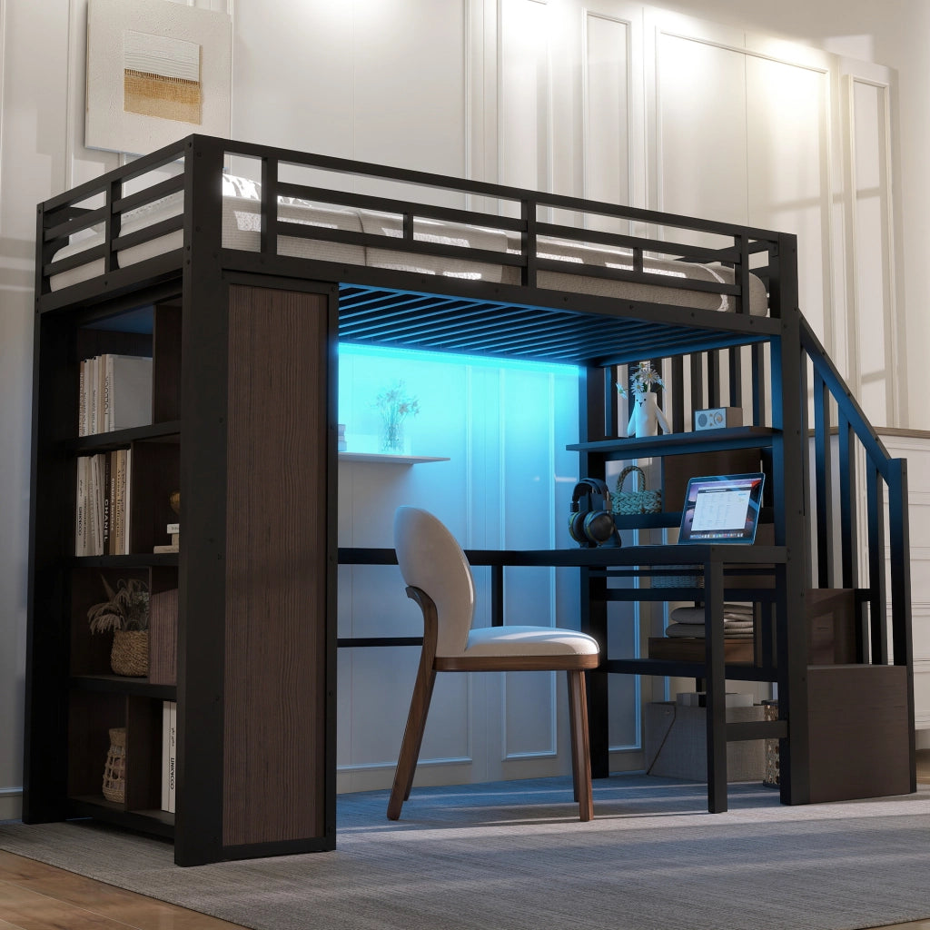 Letto a Soppalco con Scrivania e LED ¨C MINIMAL ¨C Metallo Nero 90x200