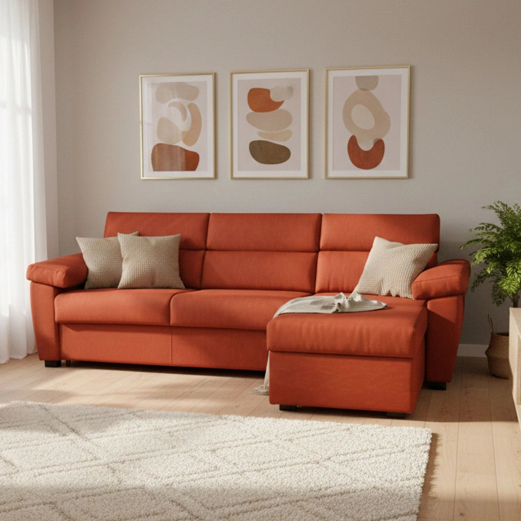 Priverno, Divano Letto con Penisola Sfoderabile Made in Italy, 285x160 cm Arancione