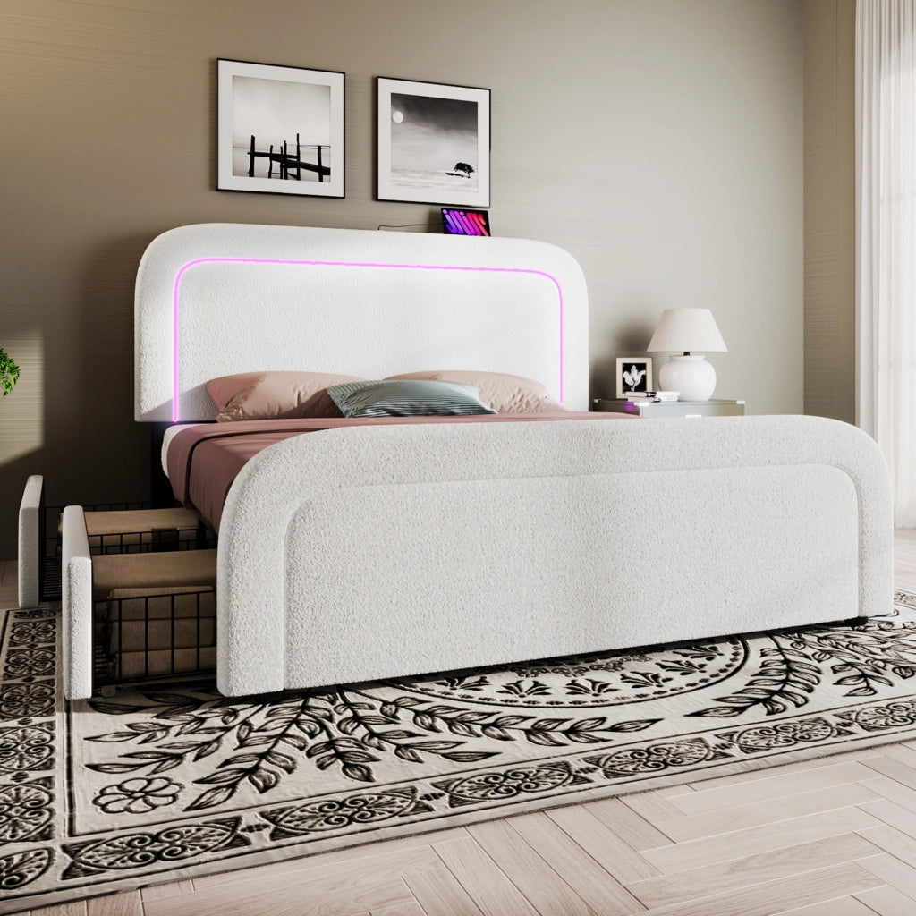 LETTO imbottito con USB Type-C, LED e 4 cassetti 140x200 cm Sherpa bianco