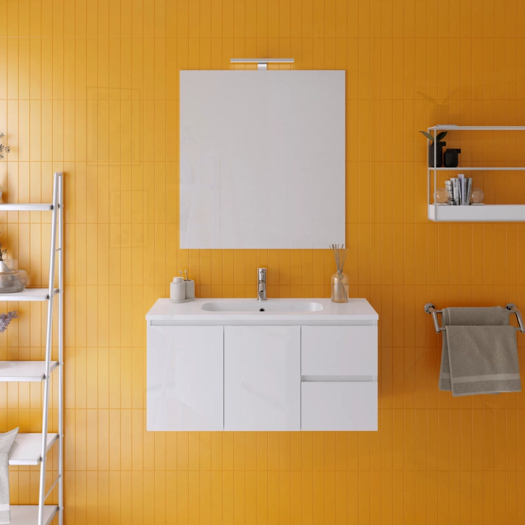 Mobile da bagno sospeso 100cm bianco lucido con lavabo e specchio | Rata