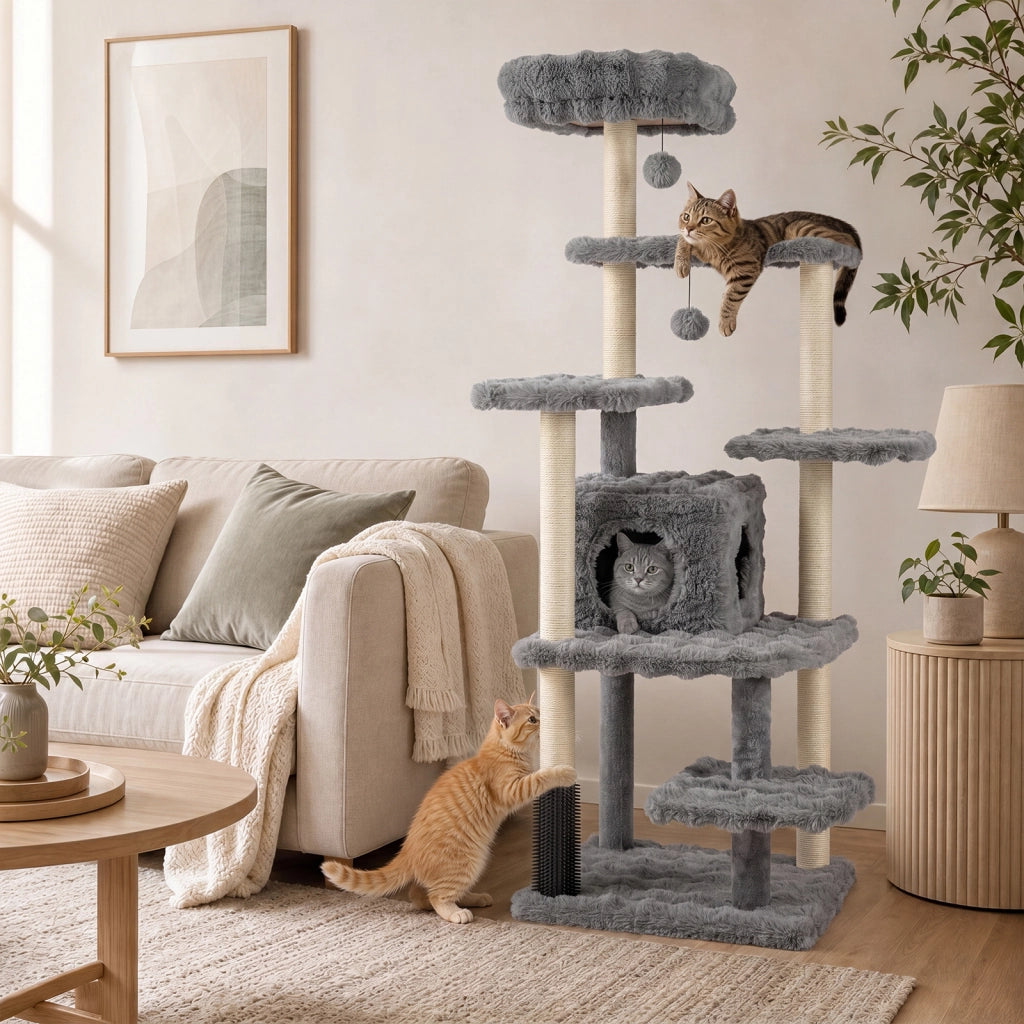 Albero per gatti da interno 4 piattaforme di salto cuccia palo avvolto in sisal e base ampia, Tiragraffi per gatti con posatoio per gattini Grigio