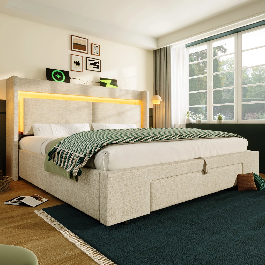 LETTO imbottito 160x200 cm Beige in lino con contenitore idraulico e LED