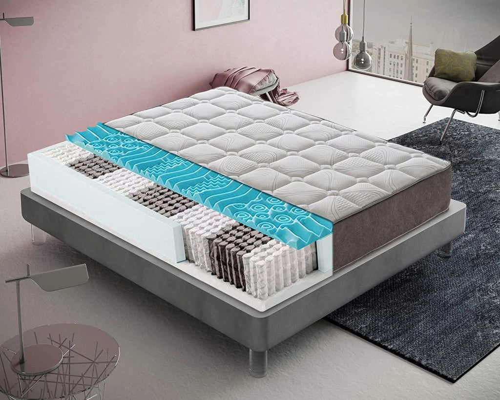 Materasso Piazza e Mezza 120x190 a molle insacchettate, 4 cm memory foam, ortopedico, 800 molle insacchettate, 9 zone di comfort