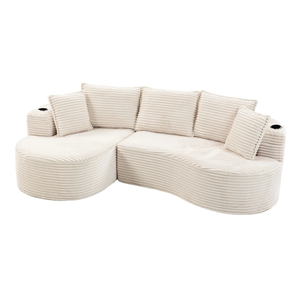 Divano ad arco 250x152x82 cm in tessuto corduroy beige con portabicchieri e tasche laterali