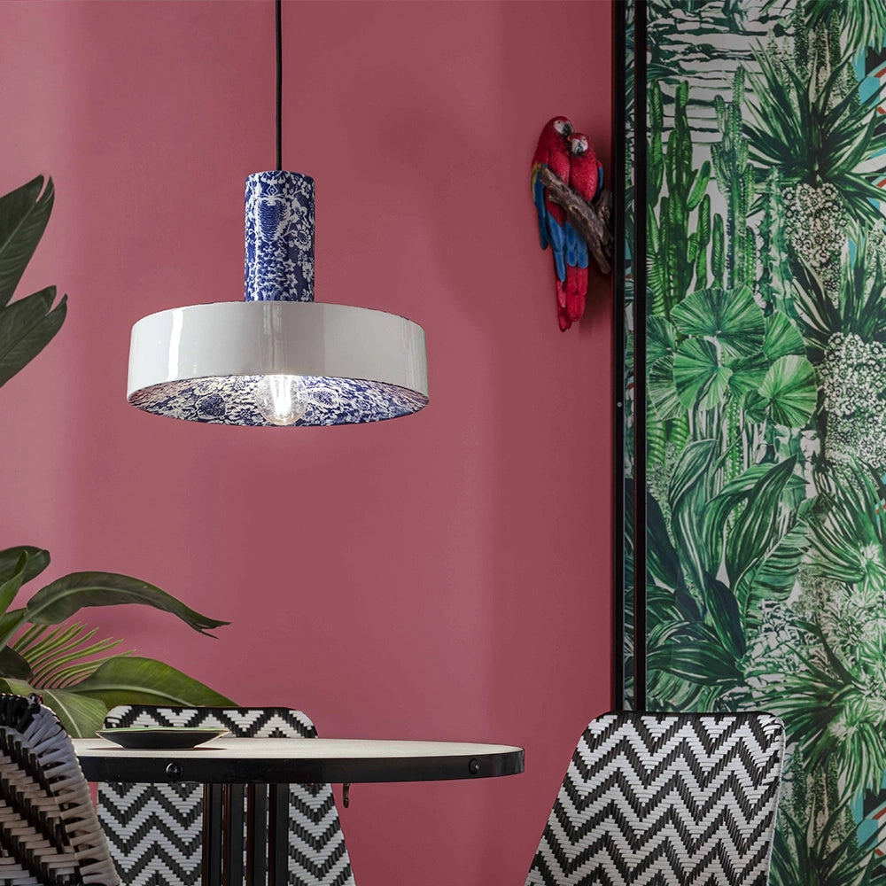 Sospensione Grande Vintage Decò Pi Ceramica Ming Blu 1 Luce E27