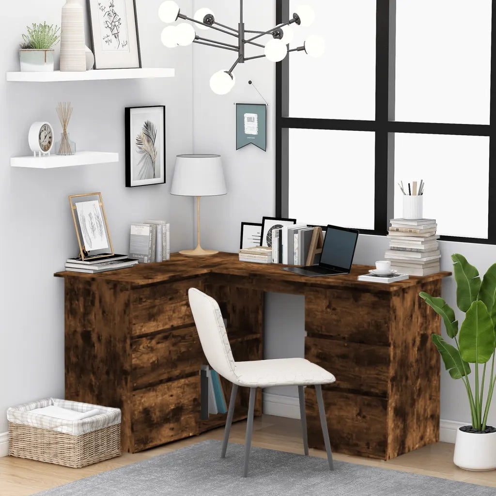 Scrivania | Tavolo da Ufficio ad Angolo Rovere Fumo 145x100x76 cm Legno Multistrato