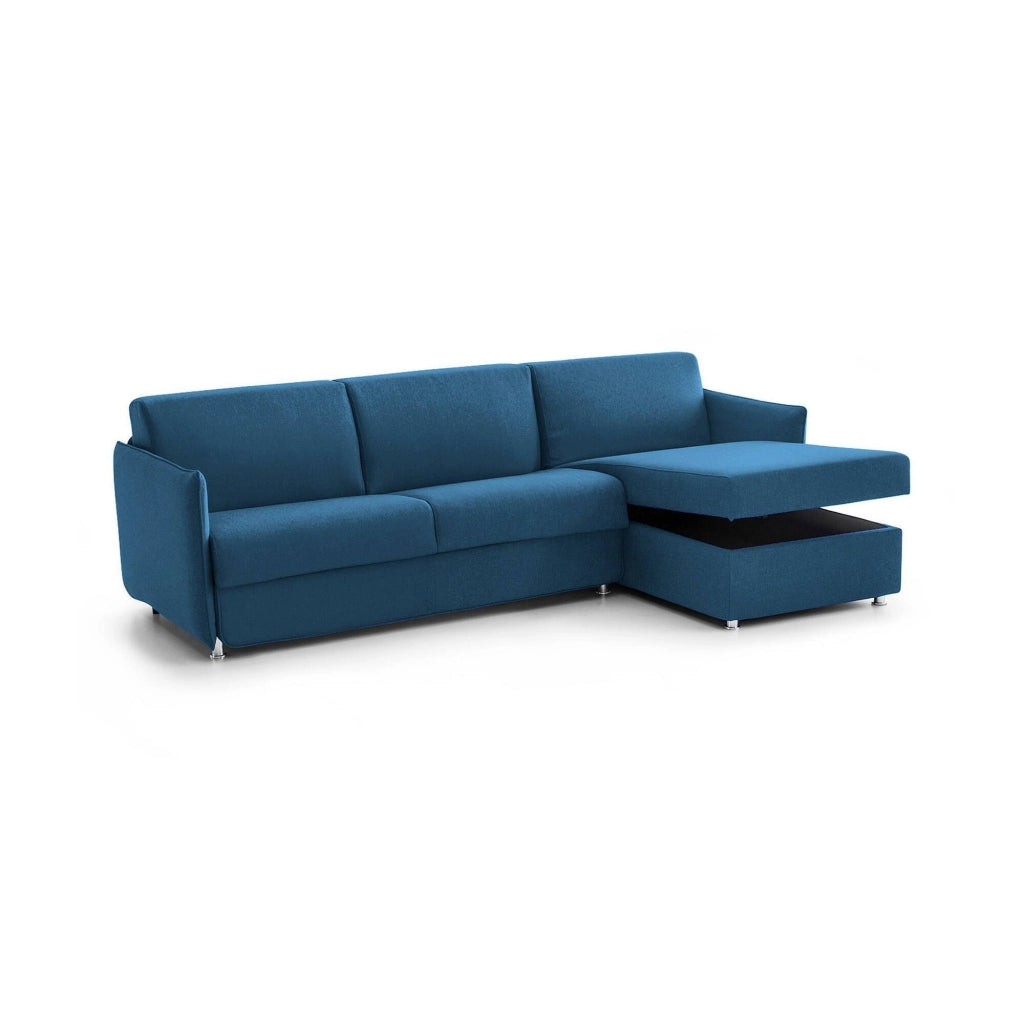 Scordia, Divano Letto con Penisola Sfoderabile Made in Italy, 260x160 cm blu