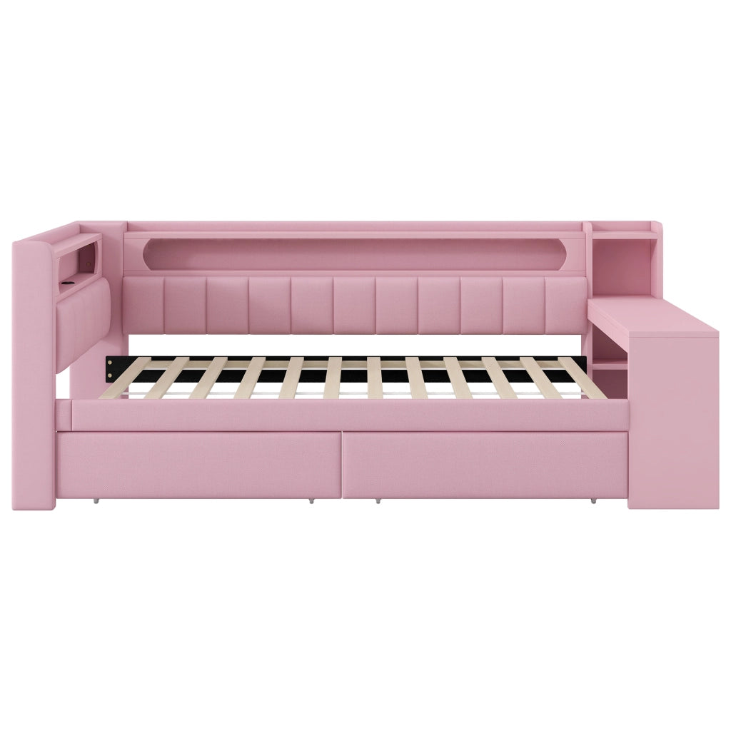 Lettino con scrivania 90x200; porte USB; striscia LED; 2 cassetti; rosa
