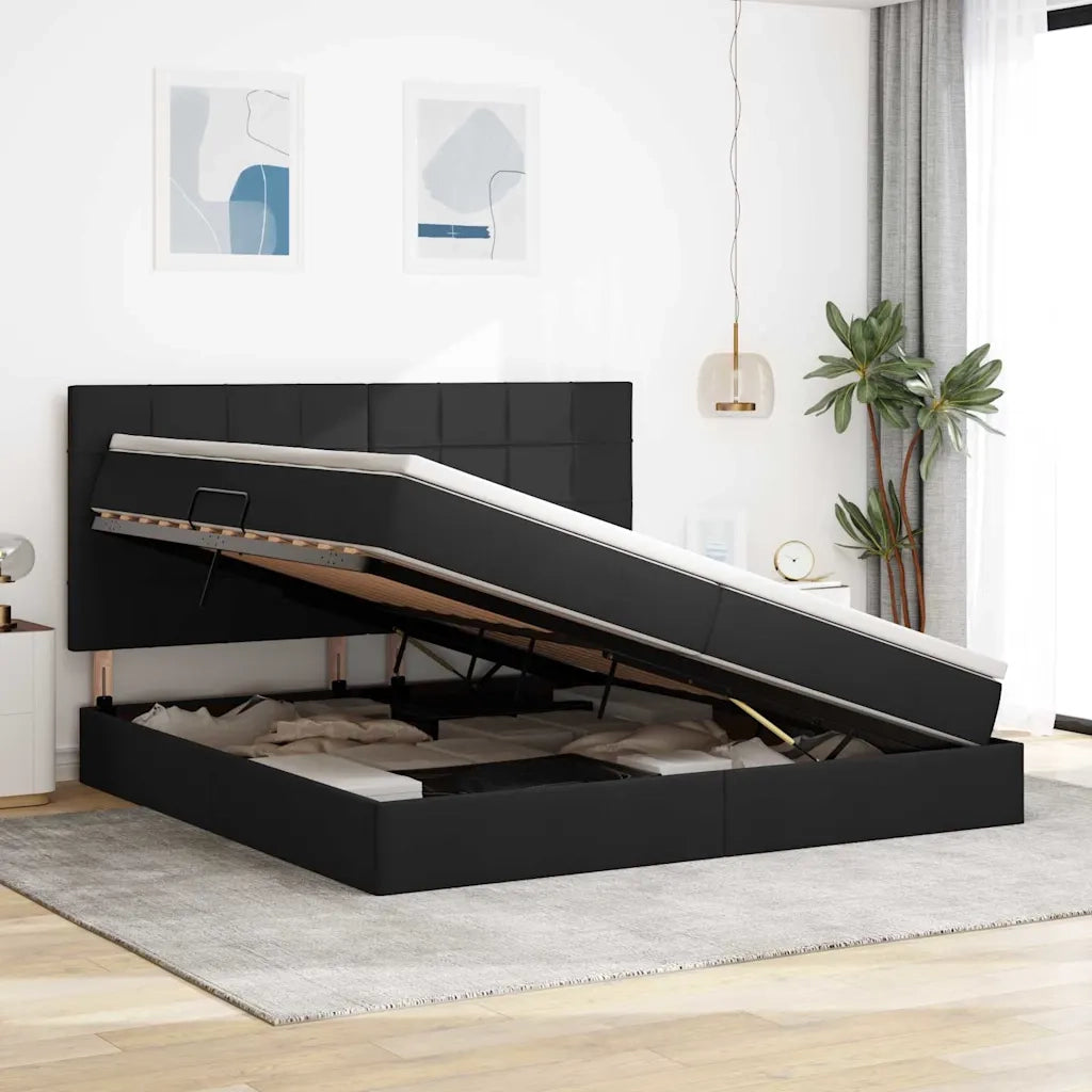 Letto con contenitore e materasso Nero 200 x 200 cm Poliestere
