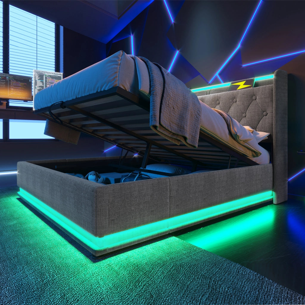 LETTO Contenitore 160x200 cm Grigio in lino con LED e USB Tipo-C