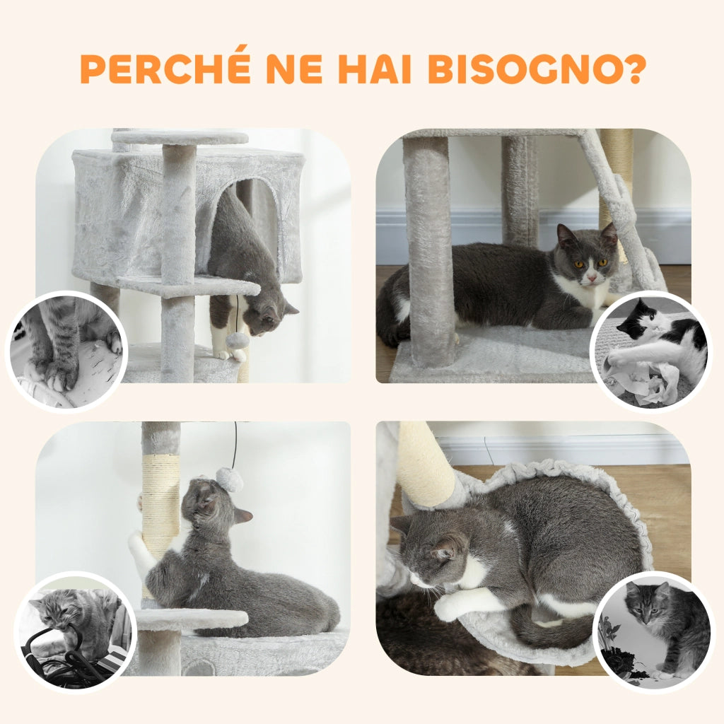 Tiragraffi per Gatti con Casette e Amaca ¨C Xylo ¨C Grigio 48x48x160 cm