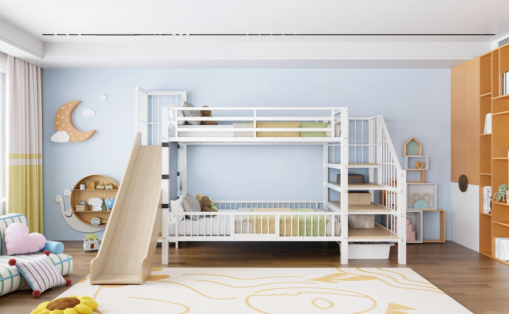 Letto a soppalco in metallo 90*200CM bianco; scivolo; riporzione; scaffali; letto per bambini sicuro e che fa risparmiare spazio