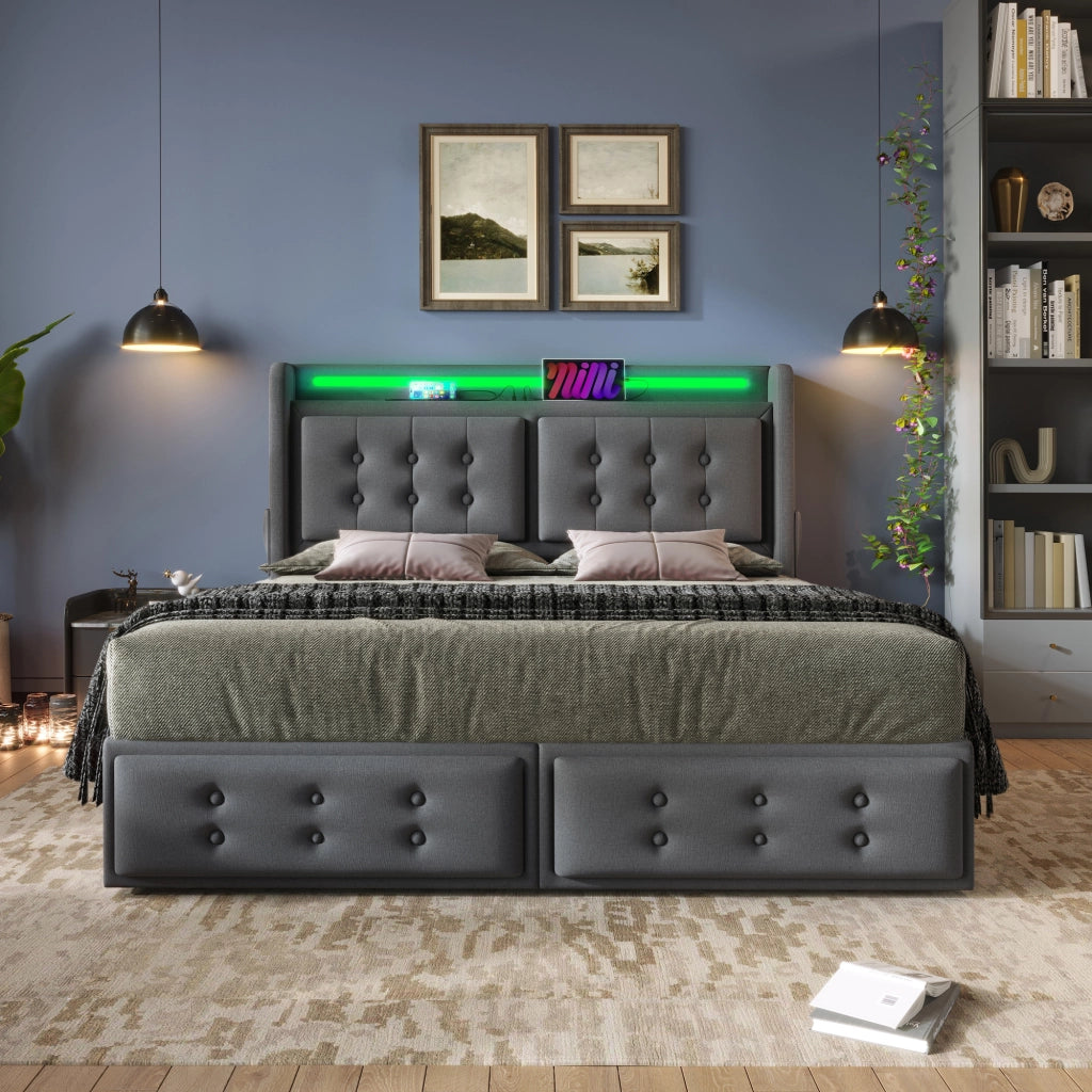 LETTO 140x200 cm con LED, USB-C e 4 cassetti, tessuto cotone lino Grigio