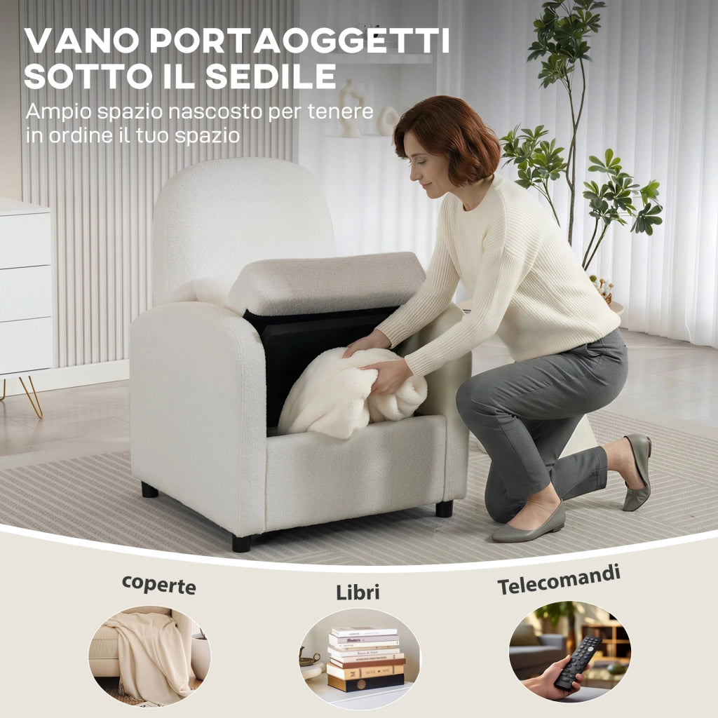 Poltrona Relax Moderna con Contenitore ¨C Xylo ¨C Rivestimento Pile Teddy Crema 76x77x95 cm