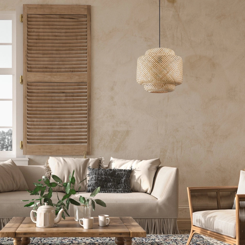 Lampada sospensione boho bambù crema Ø40 E27 Polux Berta